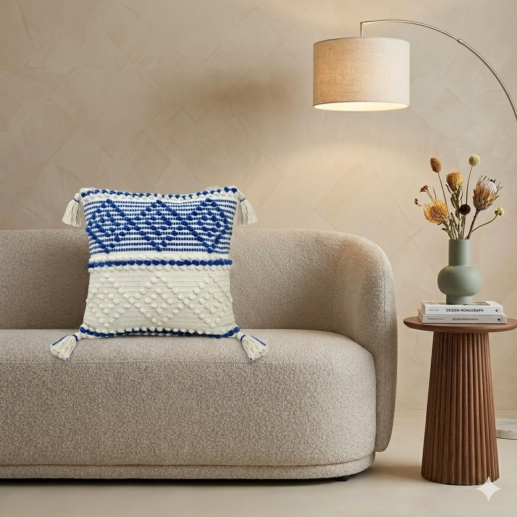 Blue & Ivory Textured Cushion with Tassels