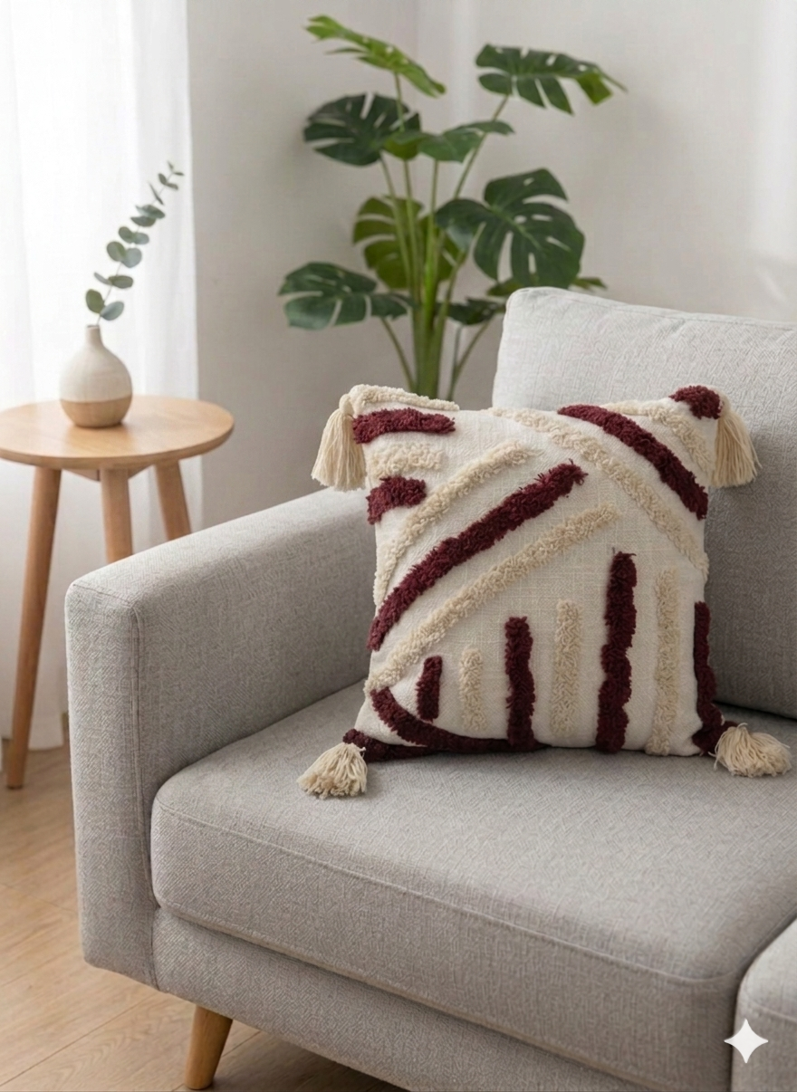 Ivory & Maroon Archline Textured Cushion Cover with Tassels