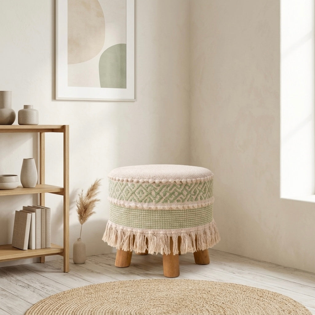 Sage green accent tassle pouf stool