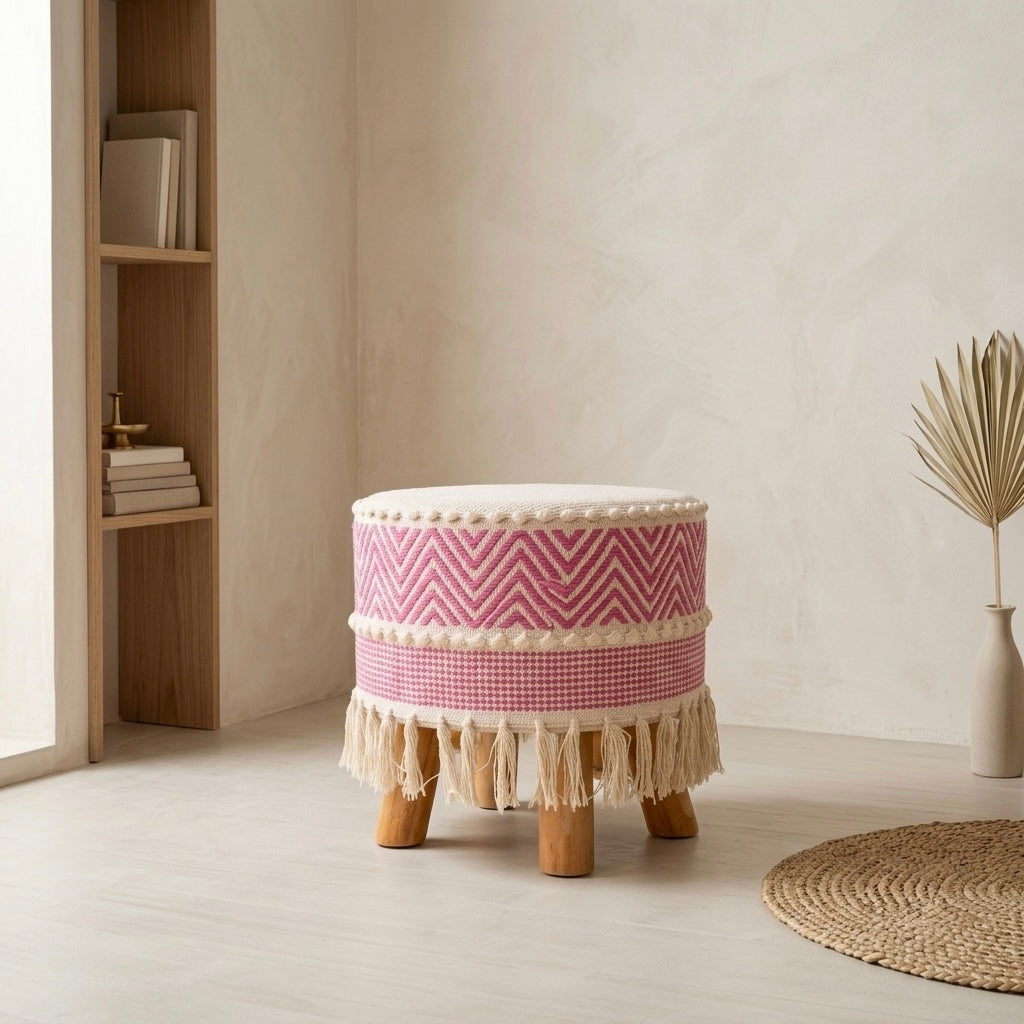 Blush pink zigzag pattern tassle pouf stool