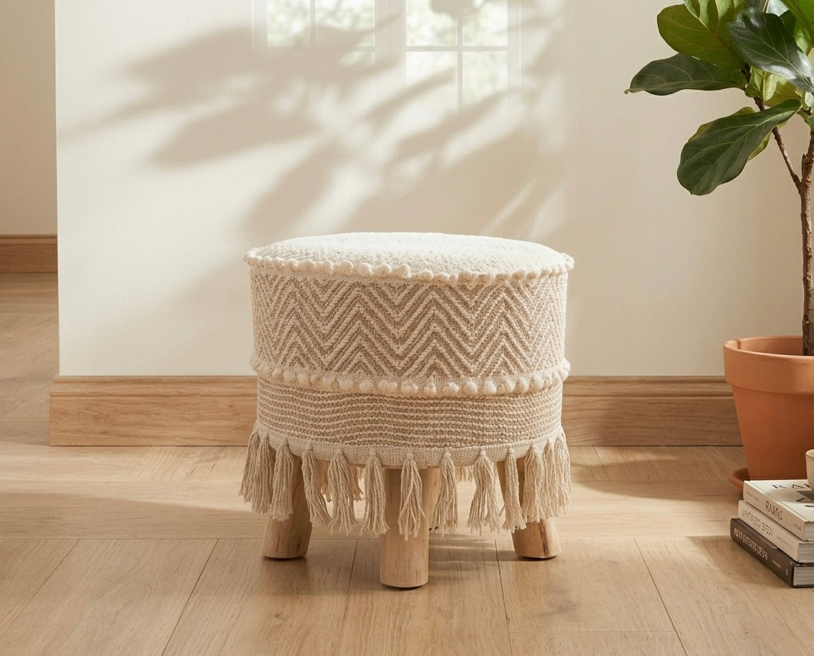 beige artisan weave pouf stool