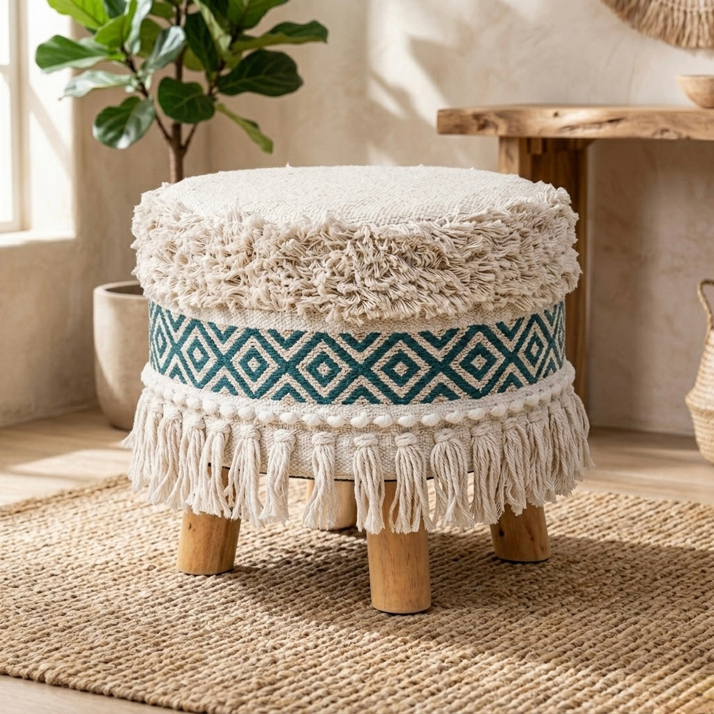 Teal tribal pattern tassle pouf stool