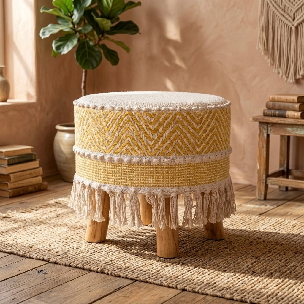 Mustard chevron weave tassle pouf stool