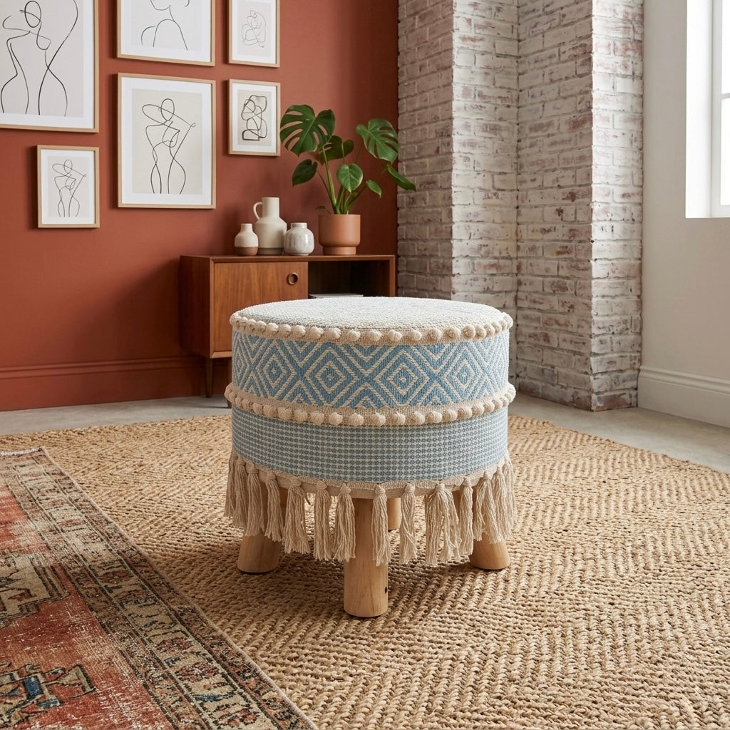 Aqua diamond weave tassel pouf stool