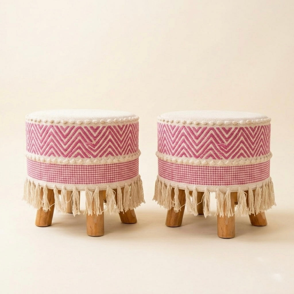 Blush Pink Zigzag Pattern Tassel Pouf Stool