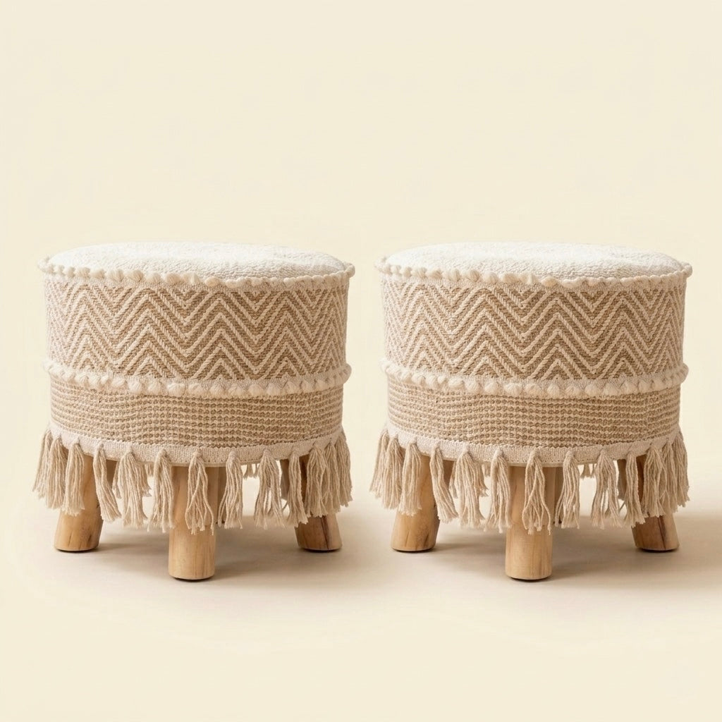 Ivory Cozy Weave Tassel Pouf Stool