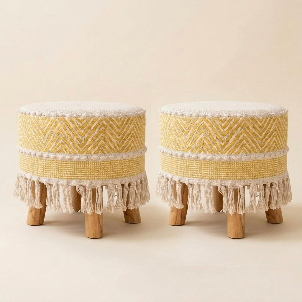 Mustard Chevron Weave Tassel Pouf Stool