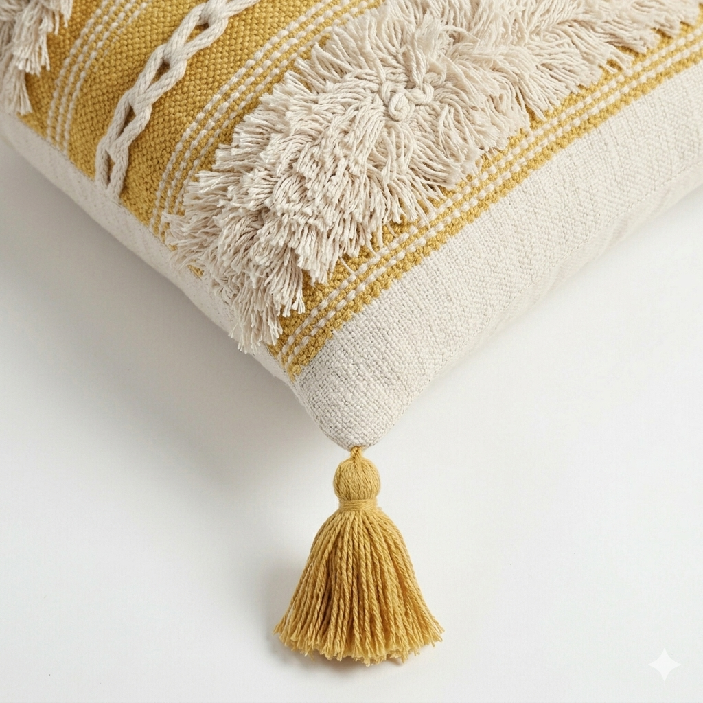 Yellow Fringe Cushion Cover with Tassels