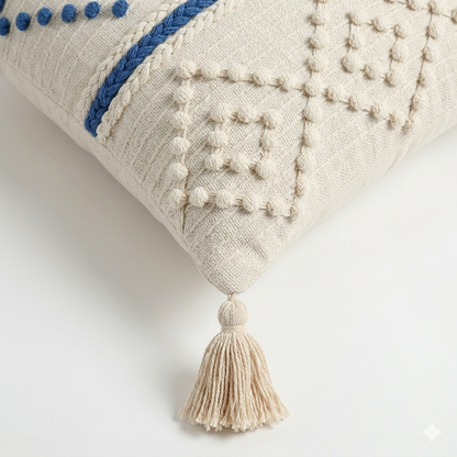 Blue & Ivory Textured Cushion with Tassels
