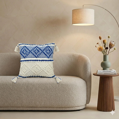 Blue & Ivory Textured Cushion with Tassels