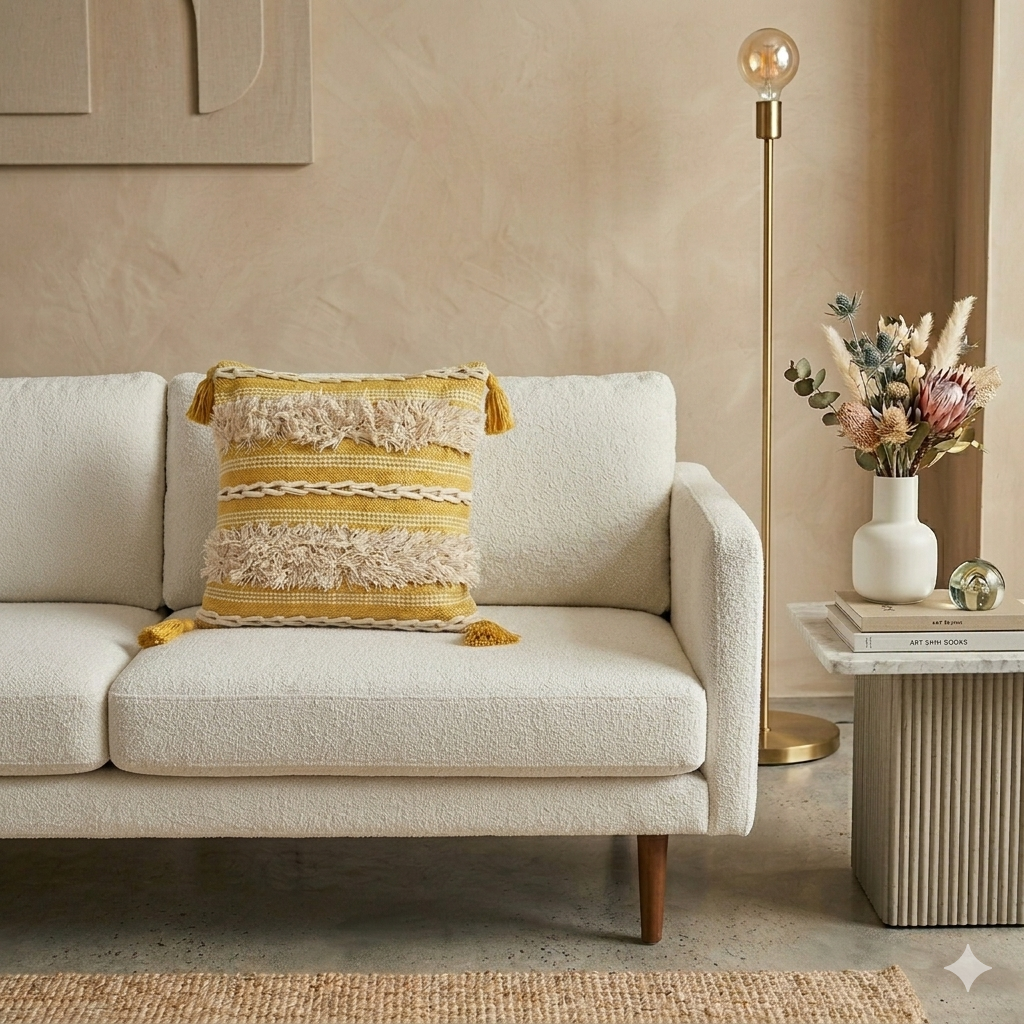 Yellow Fringe Cushion Cover with Tassels