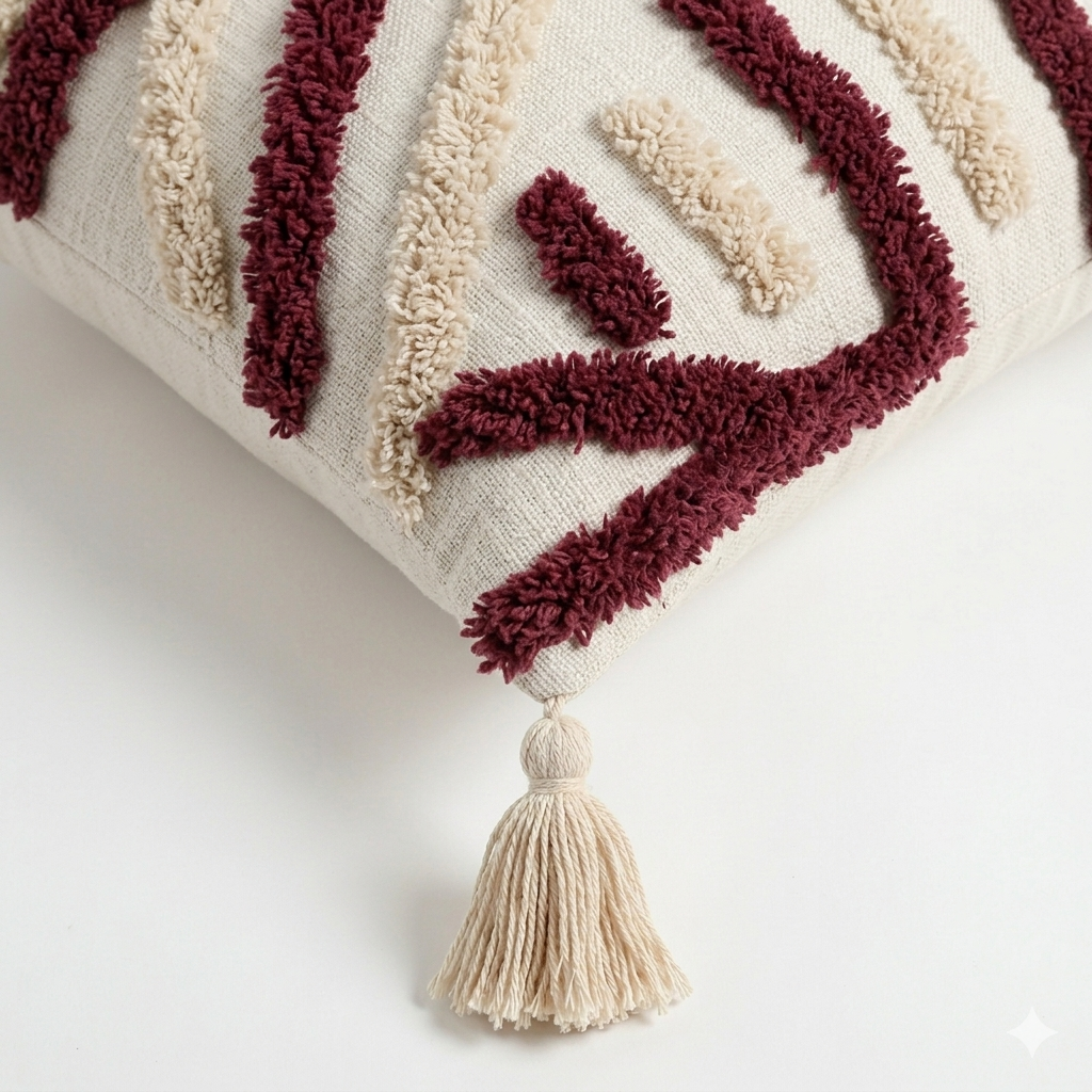 Ivory & Maroon Archline Textured Cushion Cover with Tassels