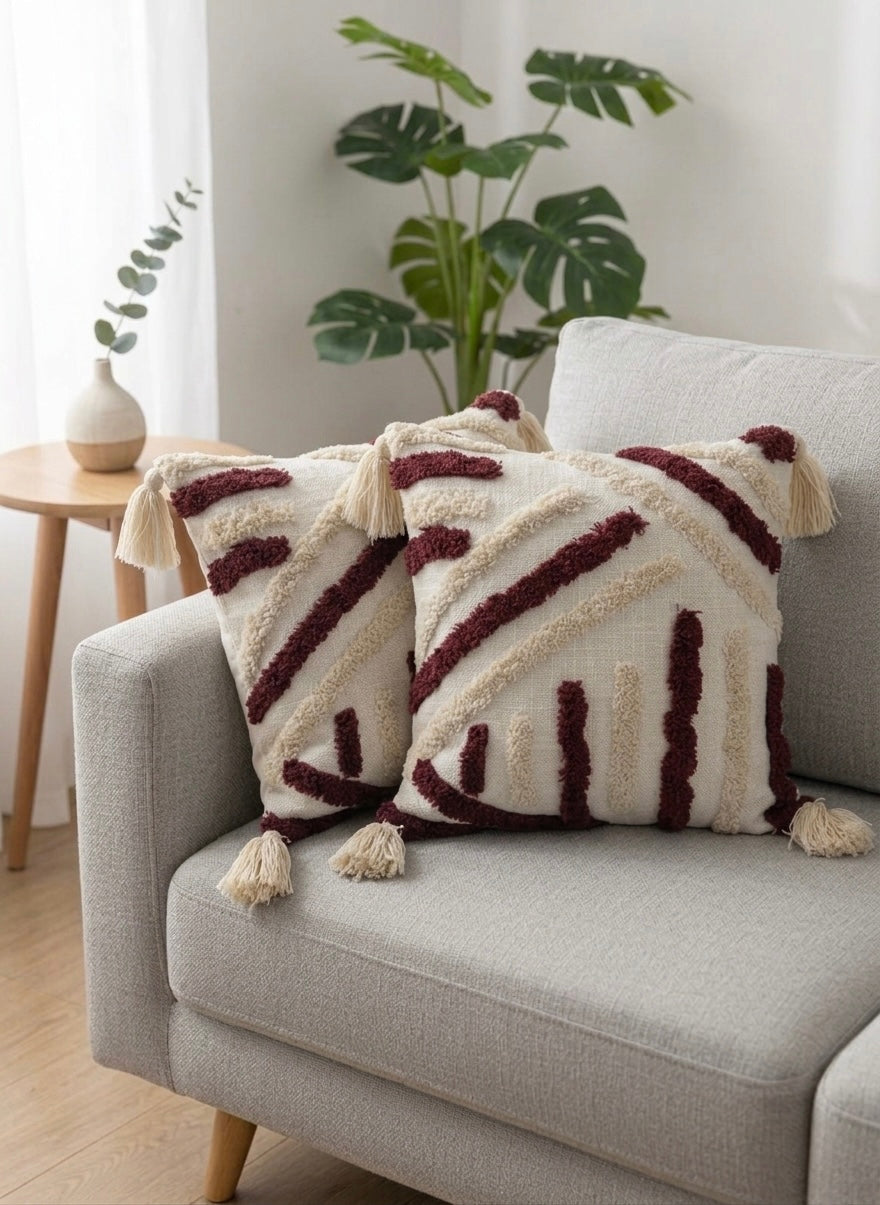 Ivory & Maroon Archline Textured Cushion Cover with Tassels