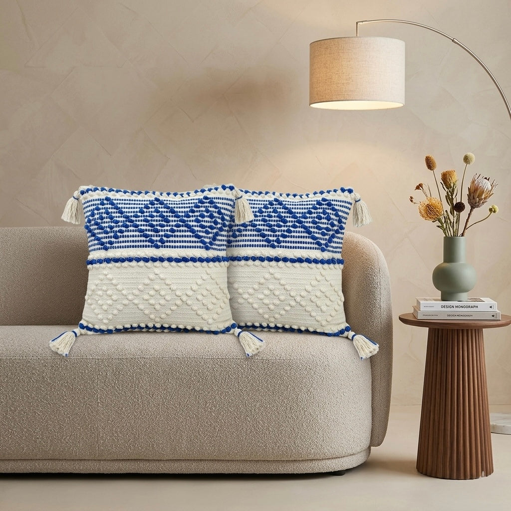 Blue & Ivory Textured Cushion with Tassels