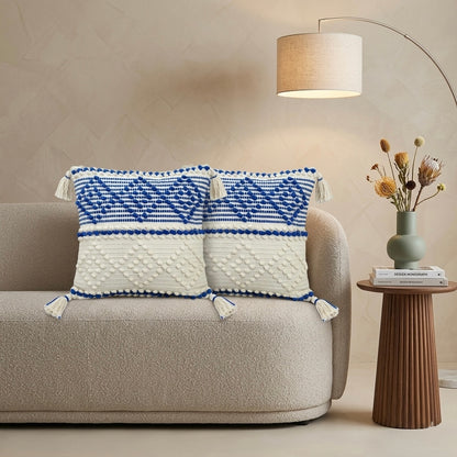 Blue & Ivory Textured Cushion with Tassels