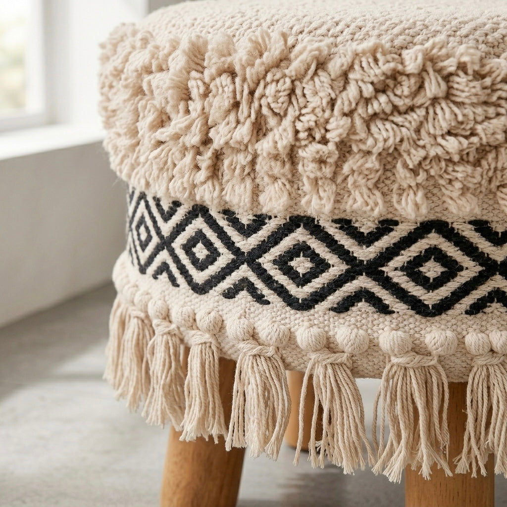 Black & white monochrome tassle pouf stool