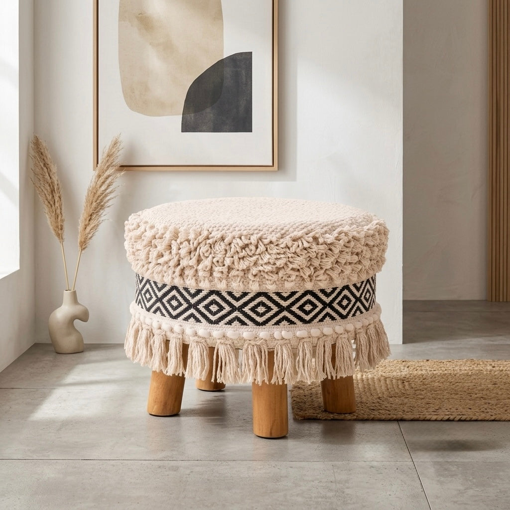 Black & white monochrome tassle pouf stool