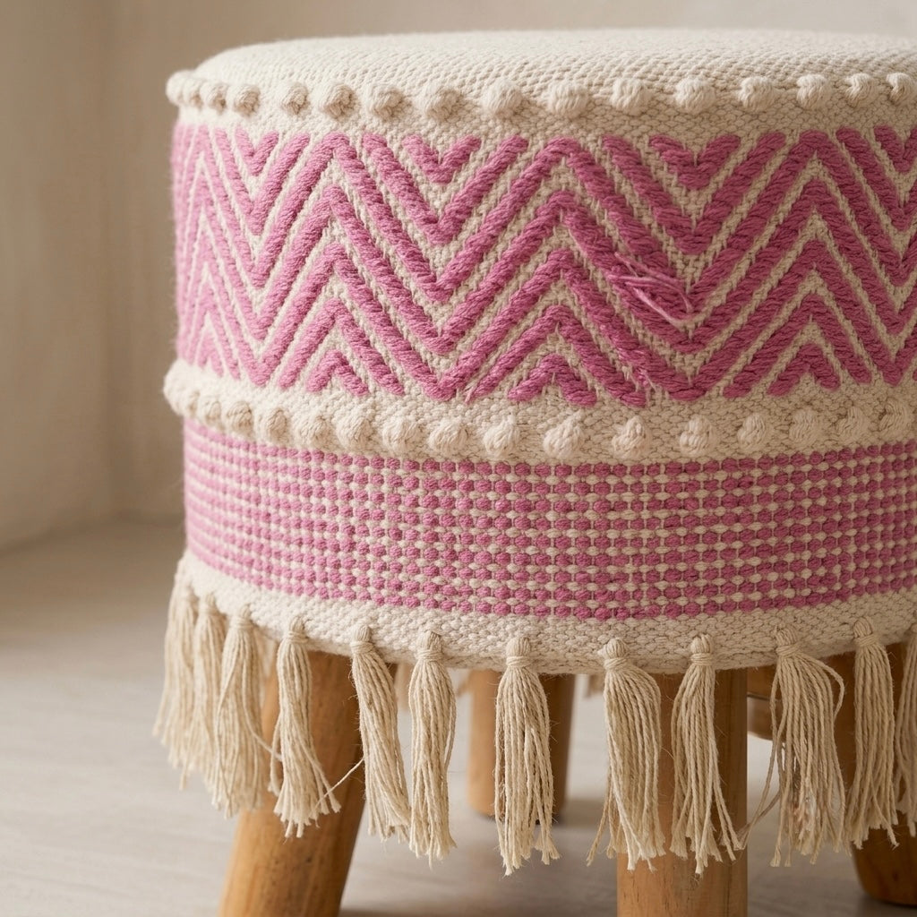 Blush pink zigzag pattern tassle pouf stool
