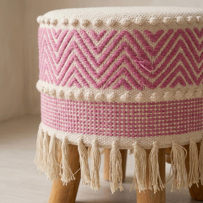 Blush pink zigzag pattern tassle pouf stool