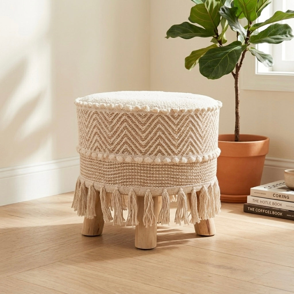 beige artisan weave pouf stool
