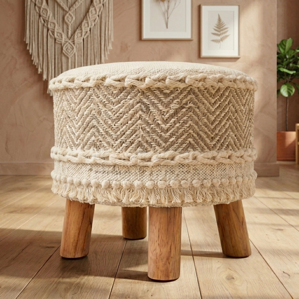 ivory cozy weave tassle pouf stool