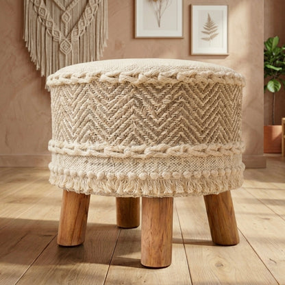ivory cozy weave tassle pouf stool