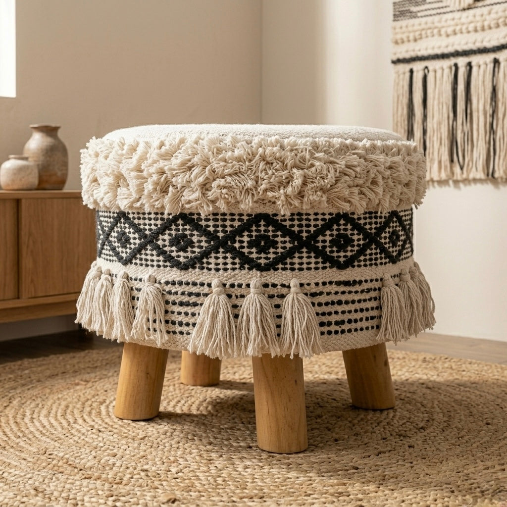 Charcoal textured fringe tassle pouf stool