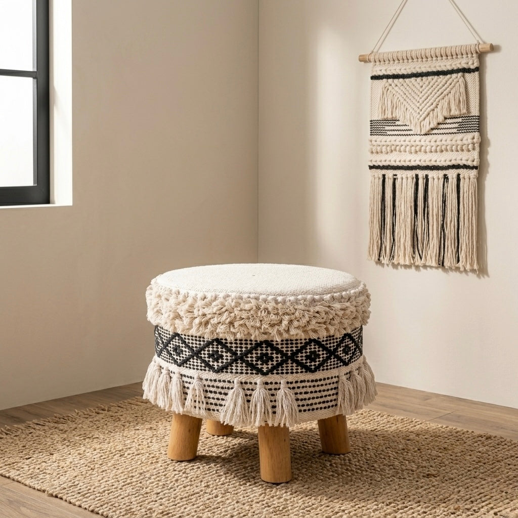 Charcoal textured fringe tassle pouf stool