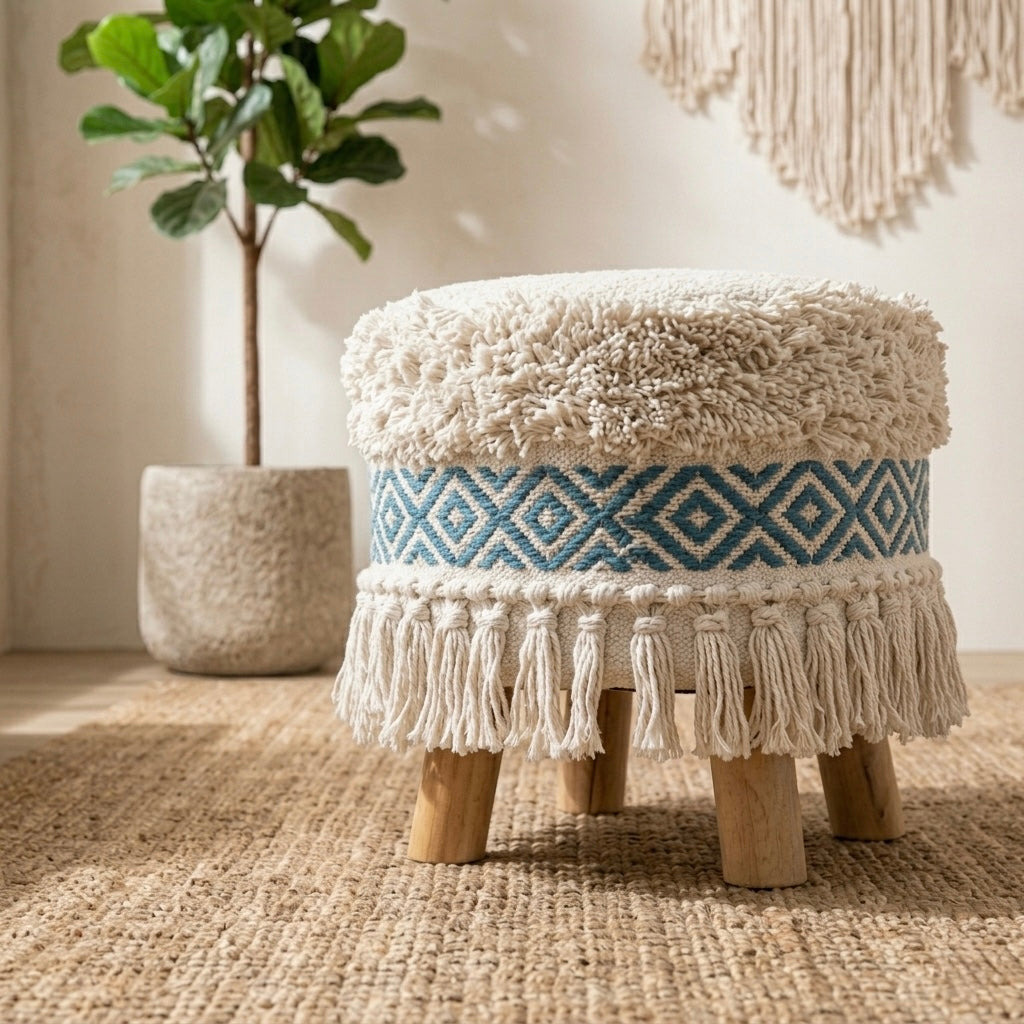 Teal tribal pattern tassle pouf stool