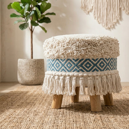 Teal tribal pattern tassle pouf stool