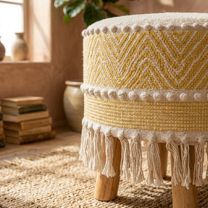 Mustard chevron weave tassle pouf stool