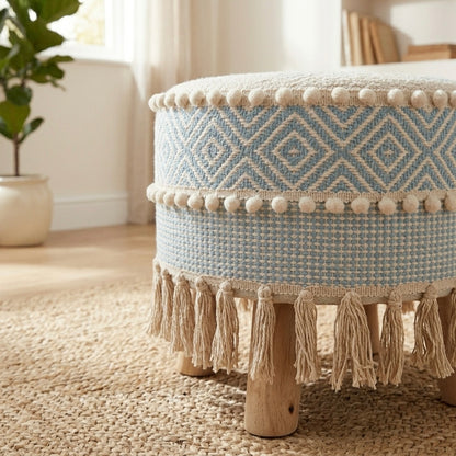 Aqua diamond weave tassel pouf stool