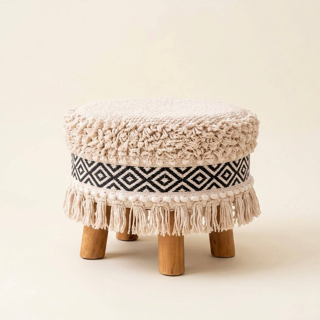 Black & white monochrome tassle pouf stool