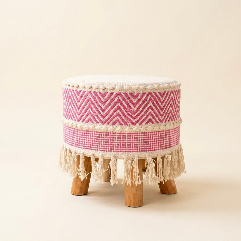Blush pink zigzag pattern tassle pouf stool