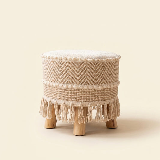 beige artisan weave pouf stool
