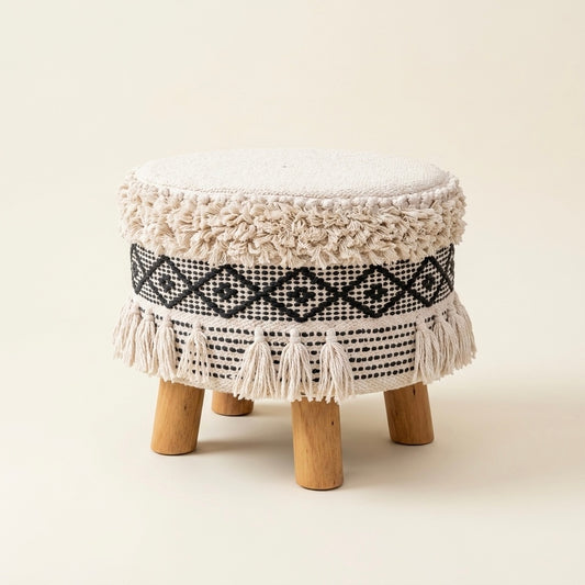 Charcoal textured fringe tassle pouf stool