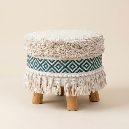 Teal tribal pattern tassle pouf stool