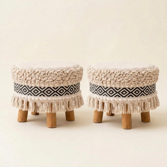 Black & White Monochrome Tassel Pouf Stool