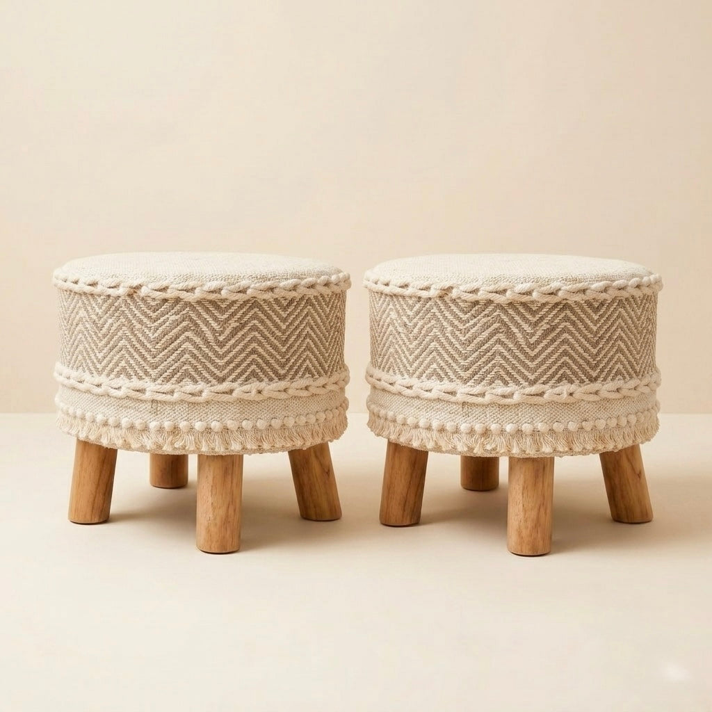 Beige Artisan Weave Pouf Stool