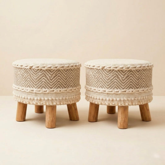 Beige Artisan Weave Pouf Stool