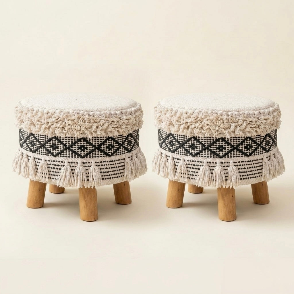 Charcoal Textured Fringe Tassel Pouf Stool