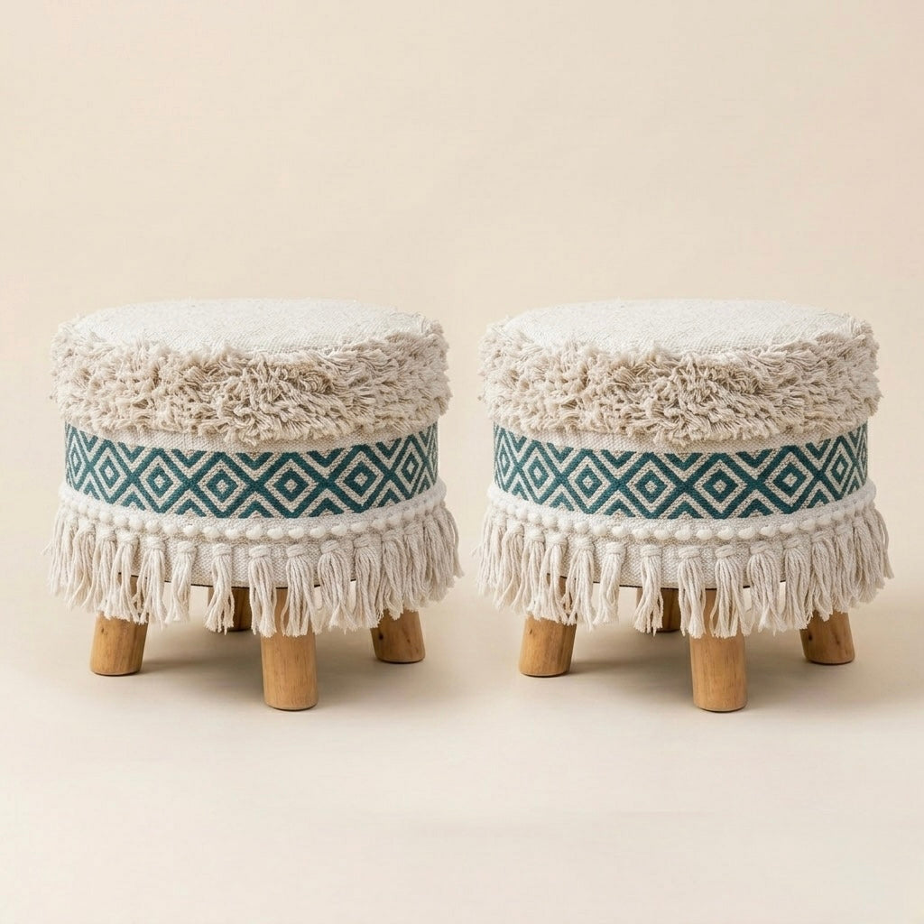 Teal Tribal Pattern Tassel Pouf Stool