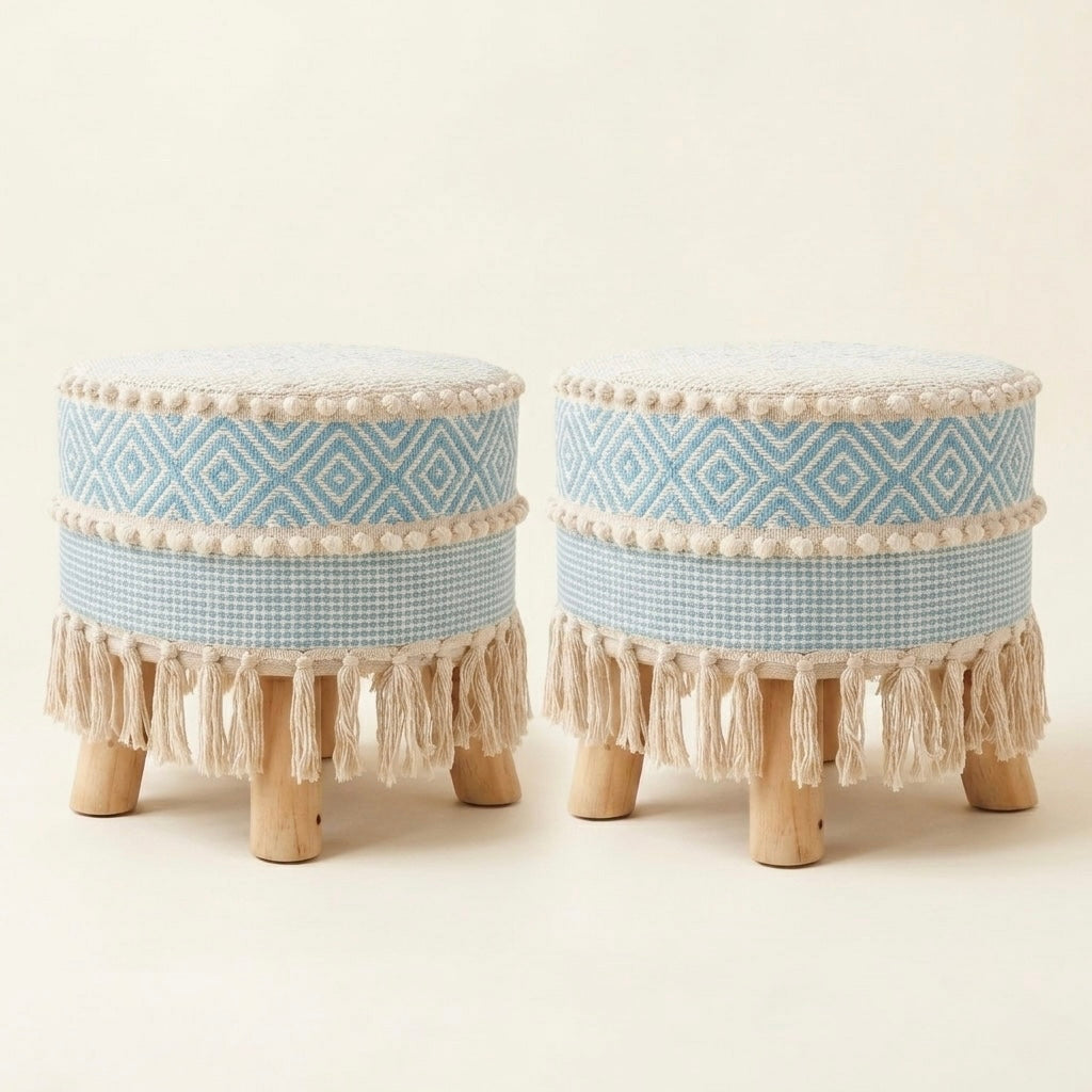 Aqua Diamond Weave Tassel Pouf Stool