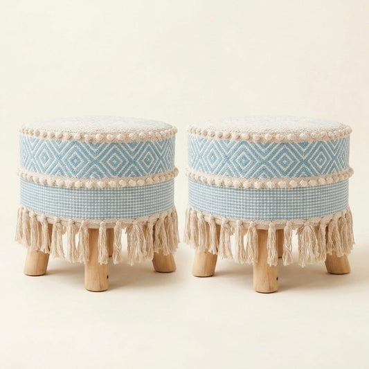 Aqua Diamond Weave Tassel Pouf Stool